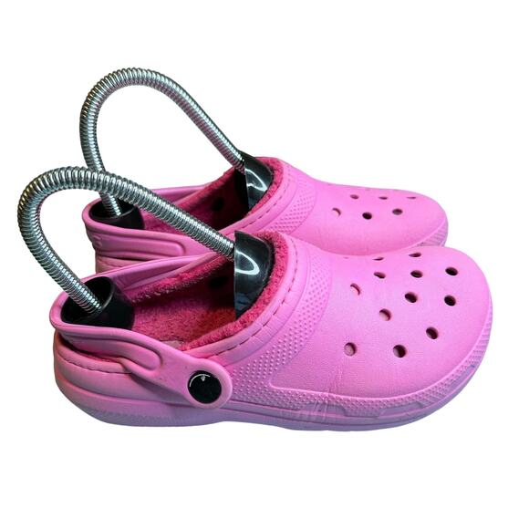 Crocs Kids Classic Pink Lined Slide On Clogs Size J2 - Picture 4 of 7